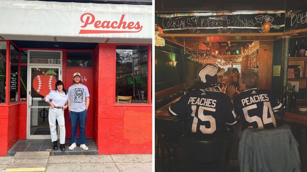 Peaches Sports Bar owners Veronica Saye and Anthony Faushell stand outside. Right: Fushell and Saye wearing sports jerseys.