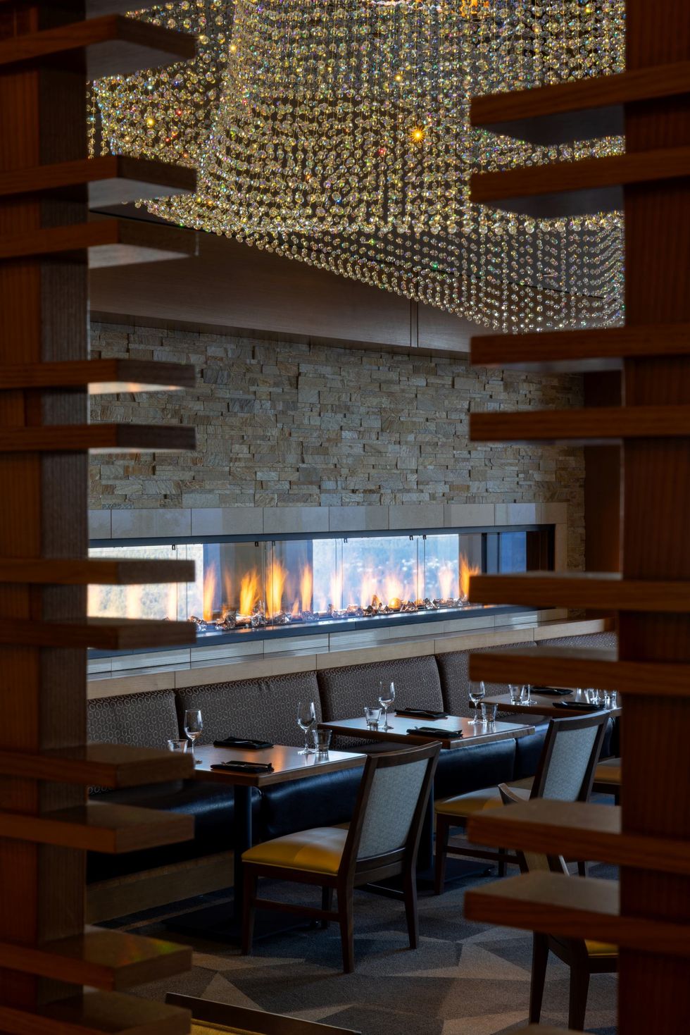 PeakFine at Sparkling Hill's restaurant with fireplace and Swarovski crystal decoration