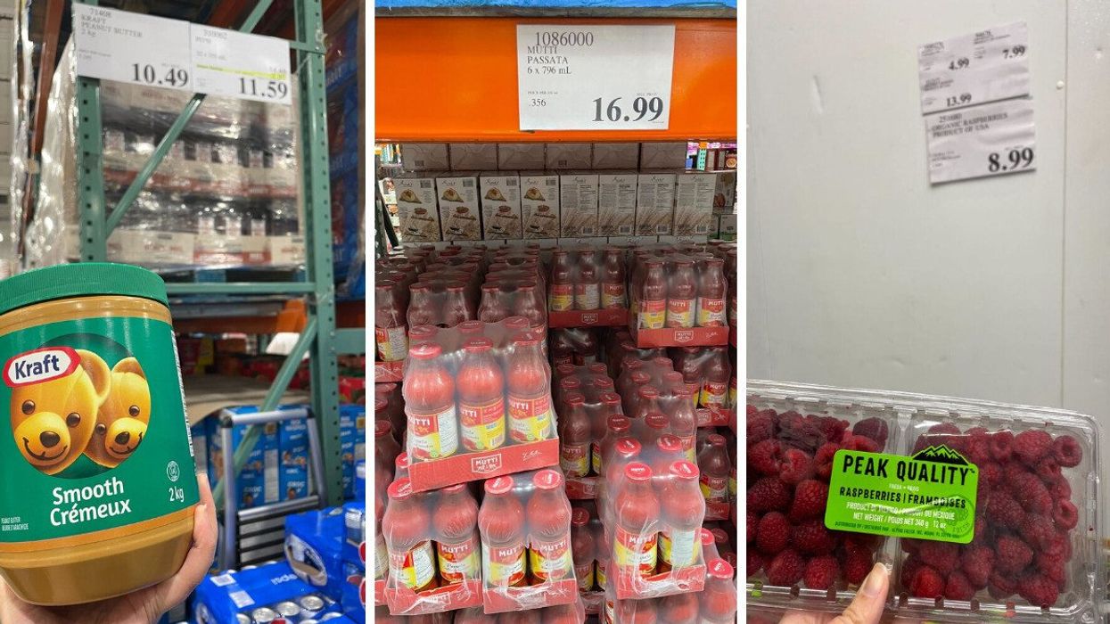 Peanut butter at Costco. Centre: Tomato sauce. Right: Raspberries.