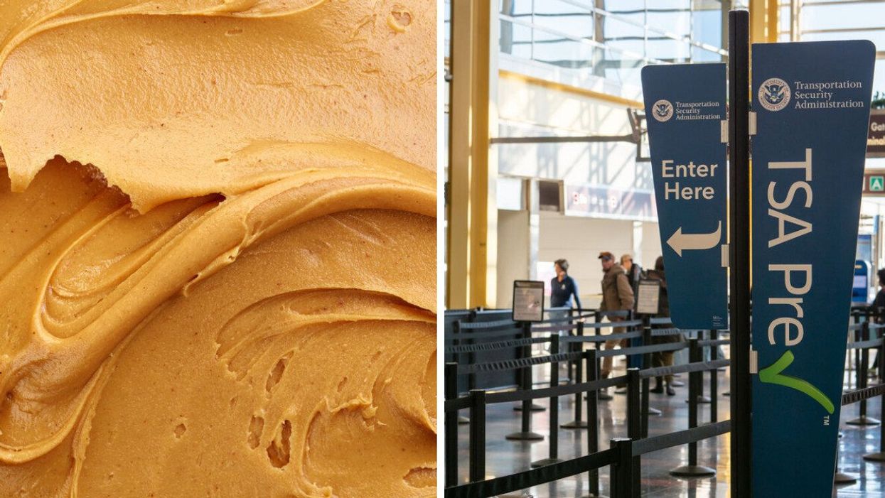 Peanut butter. Right: TSA PreCheck access at the airport.