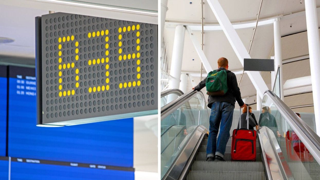 Pearson Airport gate B39. Right: A traveller at Toronto Pearson Airport.