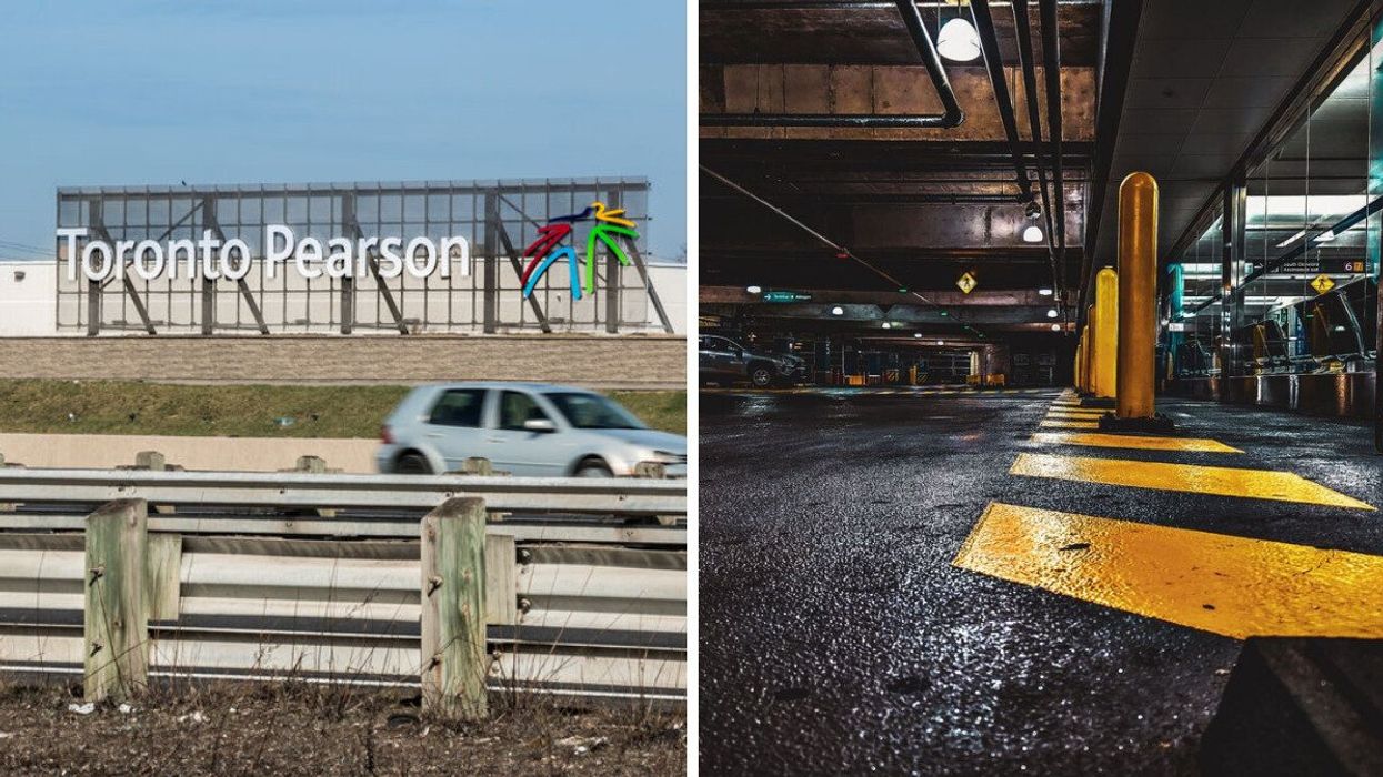 Pearson Airport sign. Right: Pearson Airport parking garage.