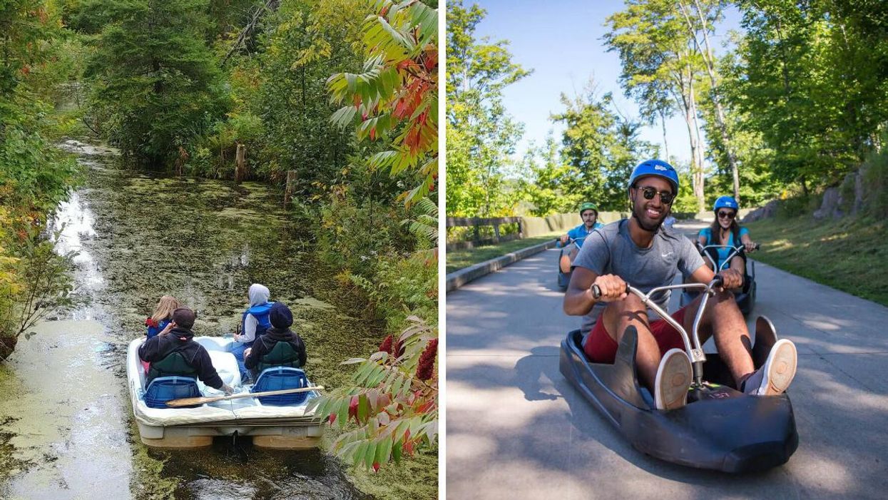 Pédalo au Parc Nature Eco-Odyssée. Droite : Luge au Mont-Tremblant.