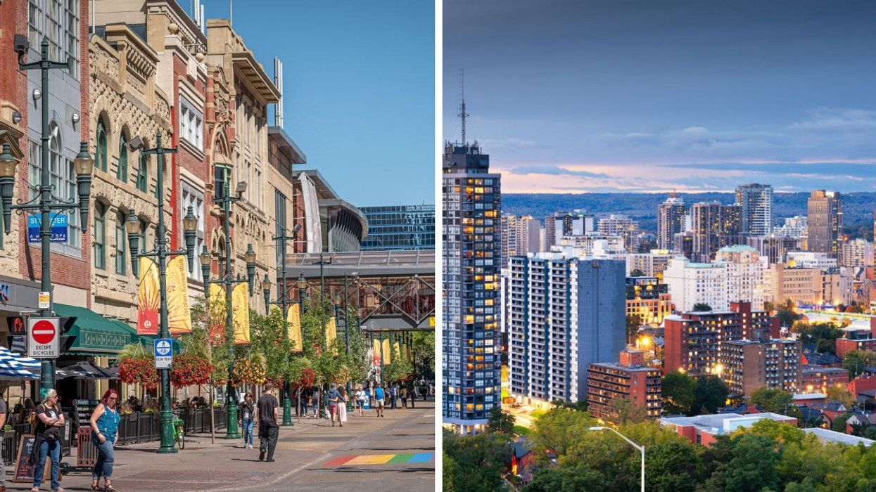Pedestrians in downtown Calgary. Right: Hamilton skyline.