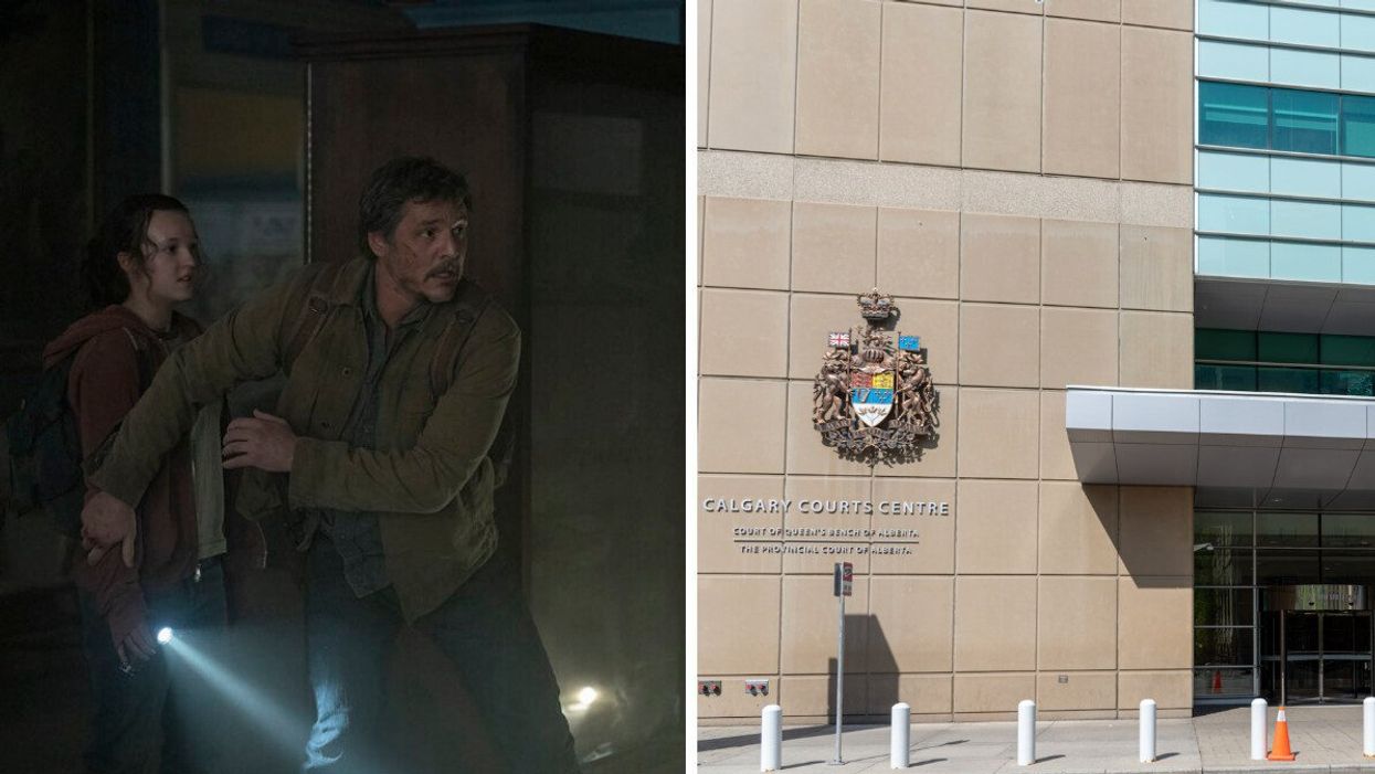 Pedro Pascal and Bella Ramsey in The Last Of Us. Right: Calgary Courts Centre.