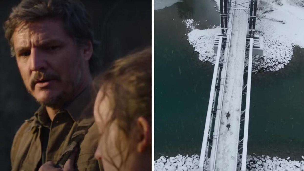 Pedro Pascal in The Last Of Us. Right: A scene filmed in Alberta.