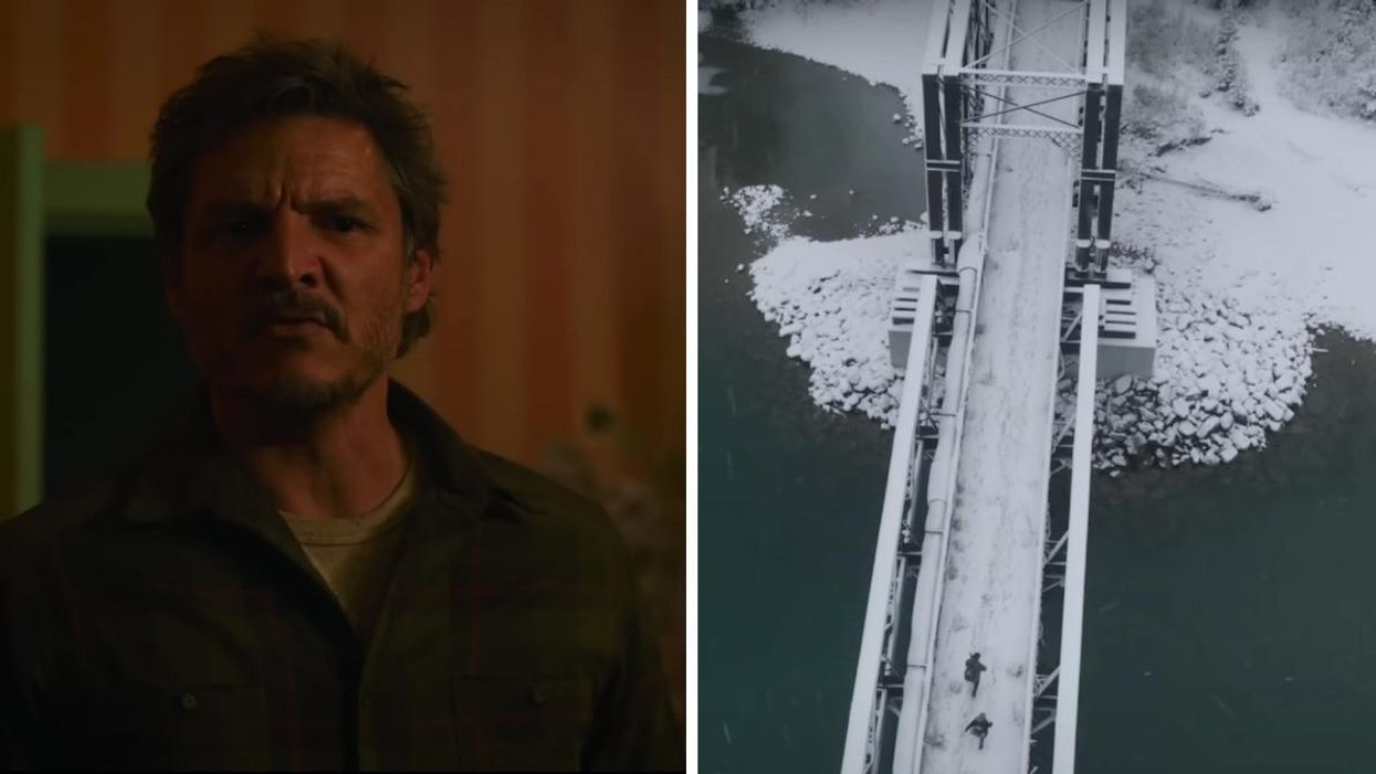Pedro Pascal in "The Last Of Us." Right: Canmore Engine Bridge in "The Last Of Us."