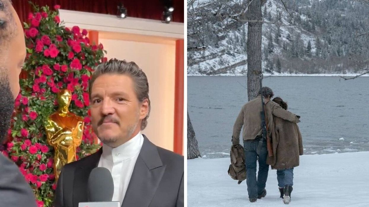 Pedro Pascal on the Oscars red carpet. Right: Pedro Pascal and Bella Ramsey in 'The Last of Us.'