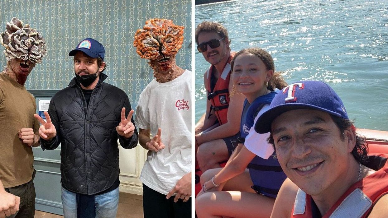 Pedro Pascal with two clickers. Right: Gabriel Luna, Pedro Pascal and Nico Parker on the Bow River.