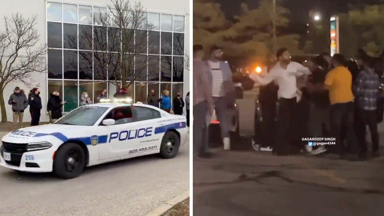 Peel Regional Police car. Right: Group fight in a parking lot.
