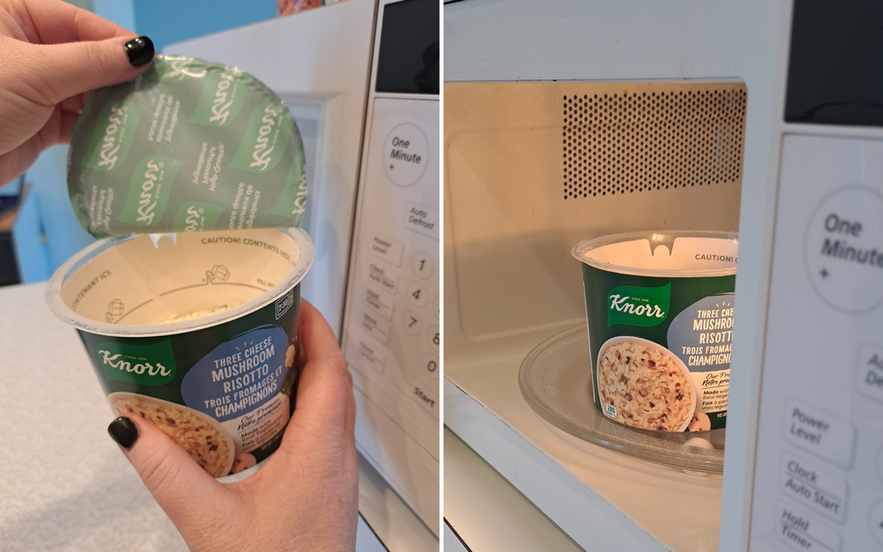 Peeling back the cover on a Knorr Rice Cup. Right: A Knorr Rice Cup in a microwave.