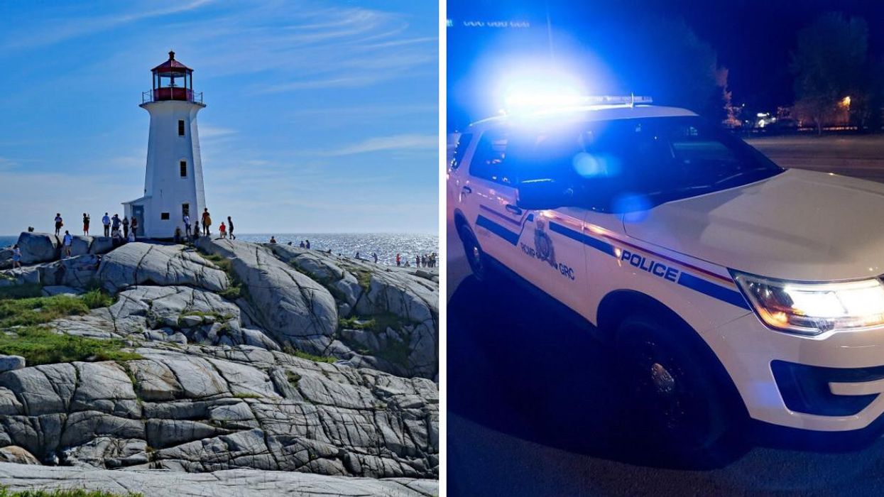 Peggy's Cove lighthouse. Right: RCMP vehicle.