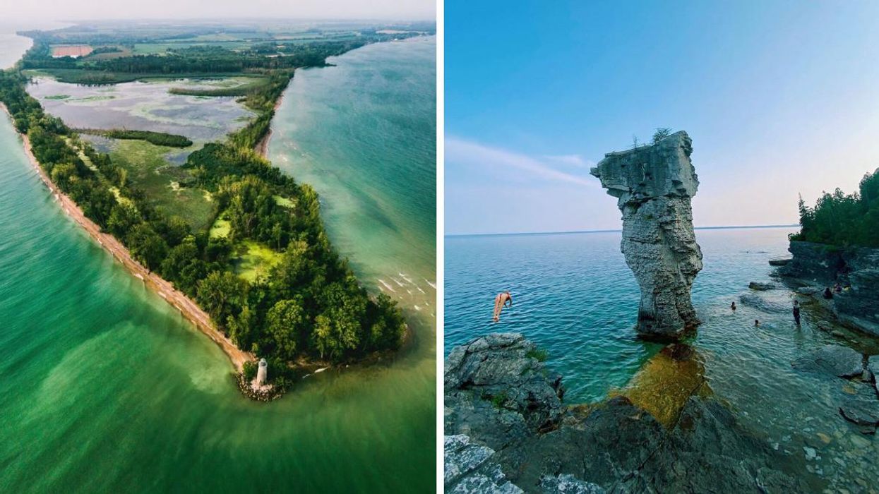 Pelee Island in Ontario. Right: Woman jumping into water at Flowerpot Island.