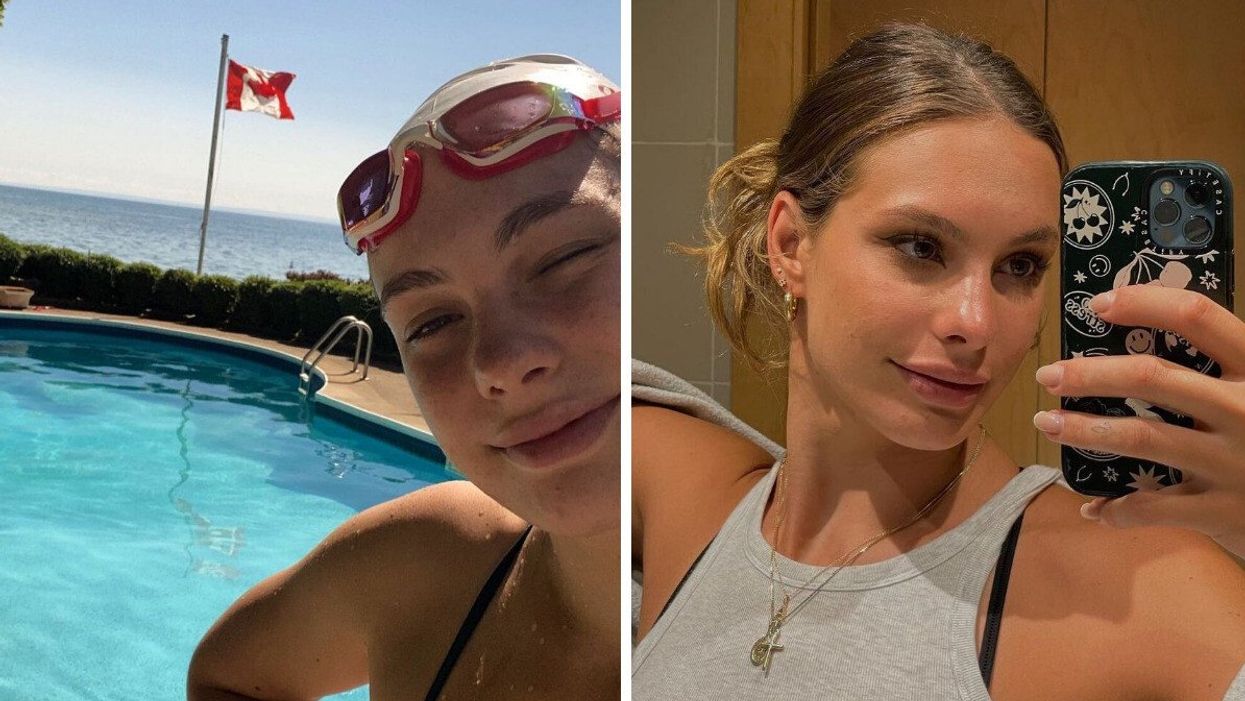 Penny Oleksiak at a swimming pool. Right: Penny Oleksiak taking a selfie.