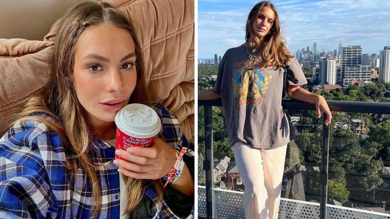 Penny Oleksiak holding a Tim Horton's coffee cup. Right: Penny Oleksiak with the Toronto skyline behind her.
