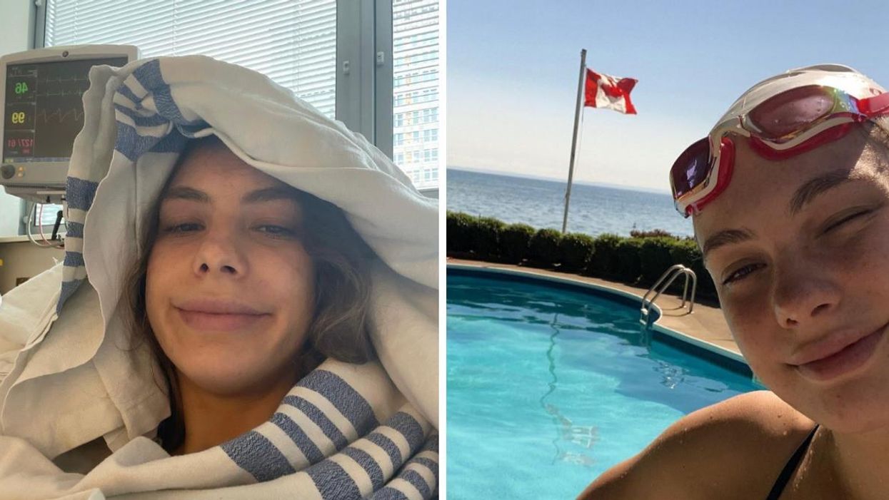 Penny Oleksiak in hospital. Right: Penny Oleksiak at a pool with a Canadian flag.