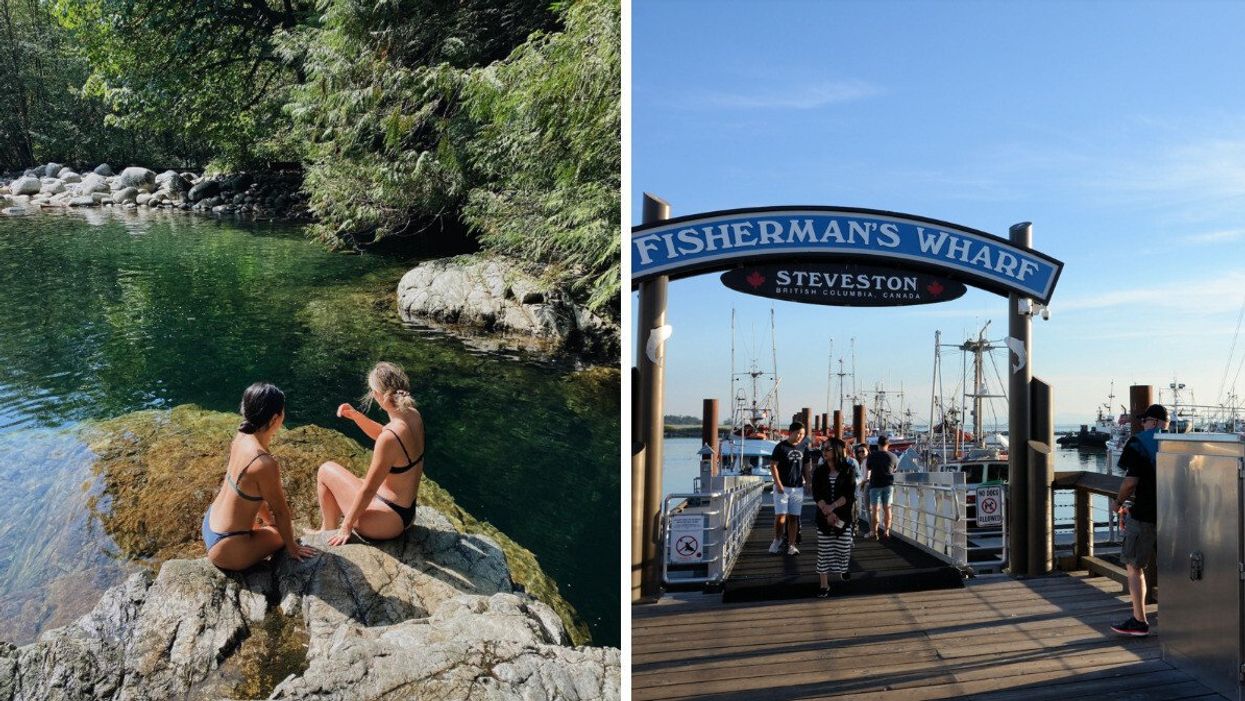 People at 30 foot pool in Lynn Valley, North Vancouver. Right: Fisherman's Wharf in Steveston.