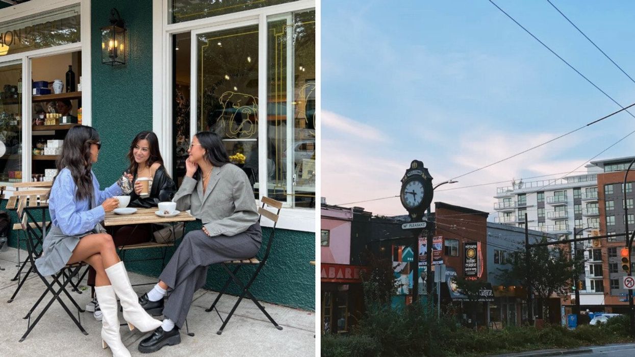 People at a cafe in Vancouver. Right: Mount Pleasant, Vancouver.