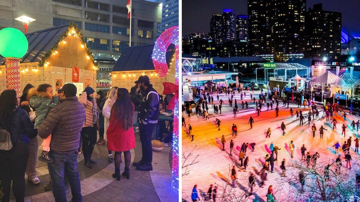 People at a Christmas market. Right: People skating on a colourful rink.