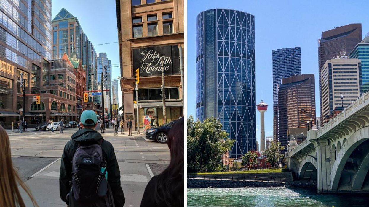 People at a crosswalk in Toronto, Ontario. Right: Buildings along a river in Calgary, Alberta.