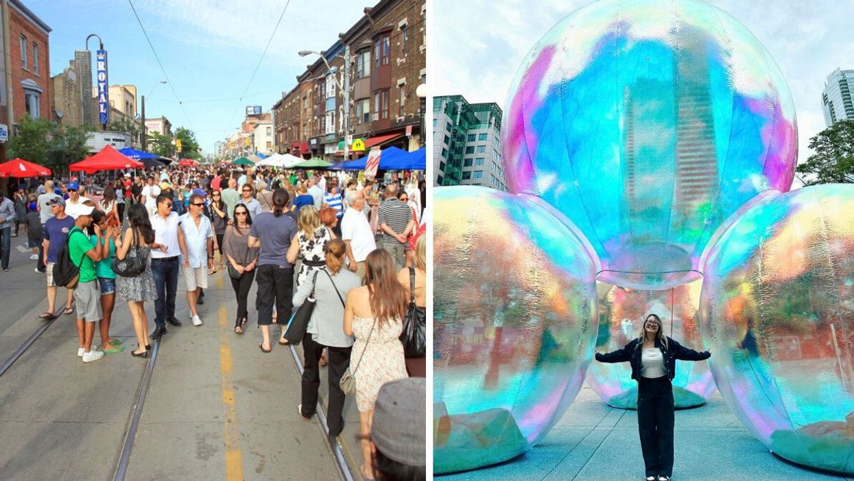 People at a festival. Right: A person standing by an art installation.