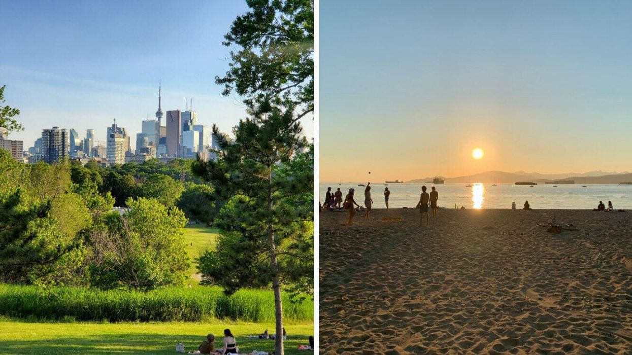 People at a park in Toronto with the CN Tower in the background. Right: People on a beach in Vancouver as the sun sets.