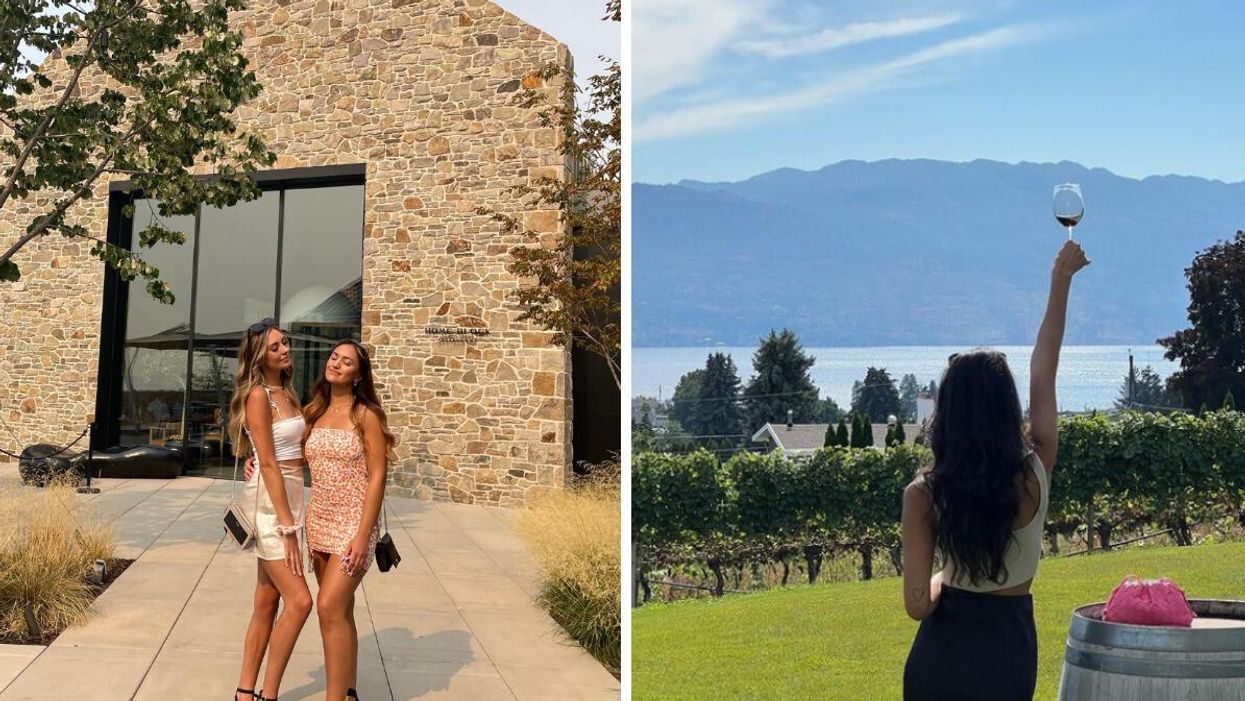 People at a winery in Kelowna. Right: A person holding wine at a winery in Kelowna.