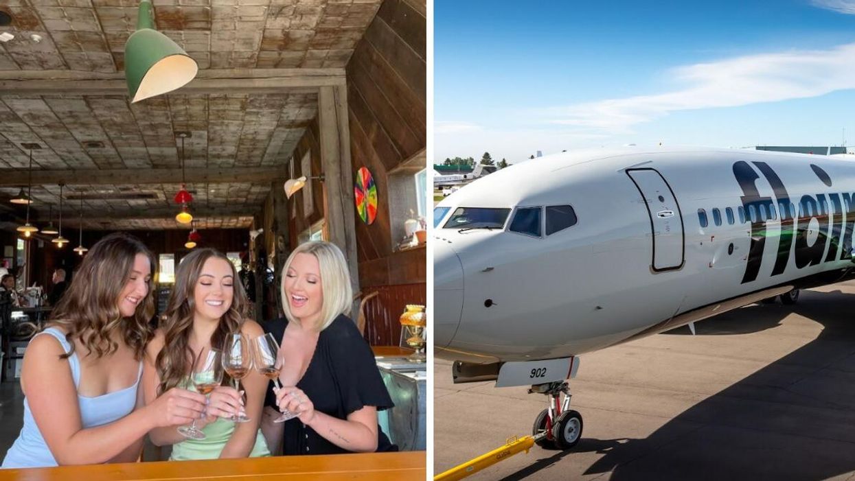 People at a winery in Kelowna. Right: Flair Airlines plane.