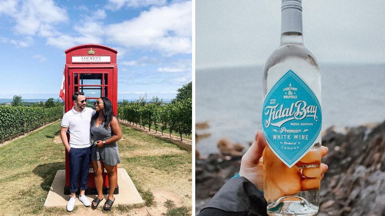 People at a winery in Nova Scotia. Right: Person holding a bottle of Tidal Bay wine.