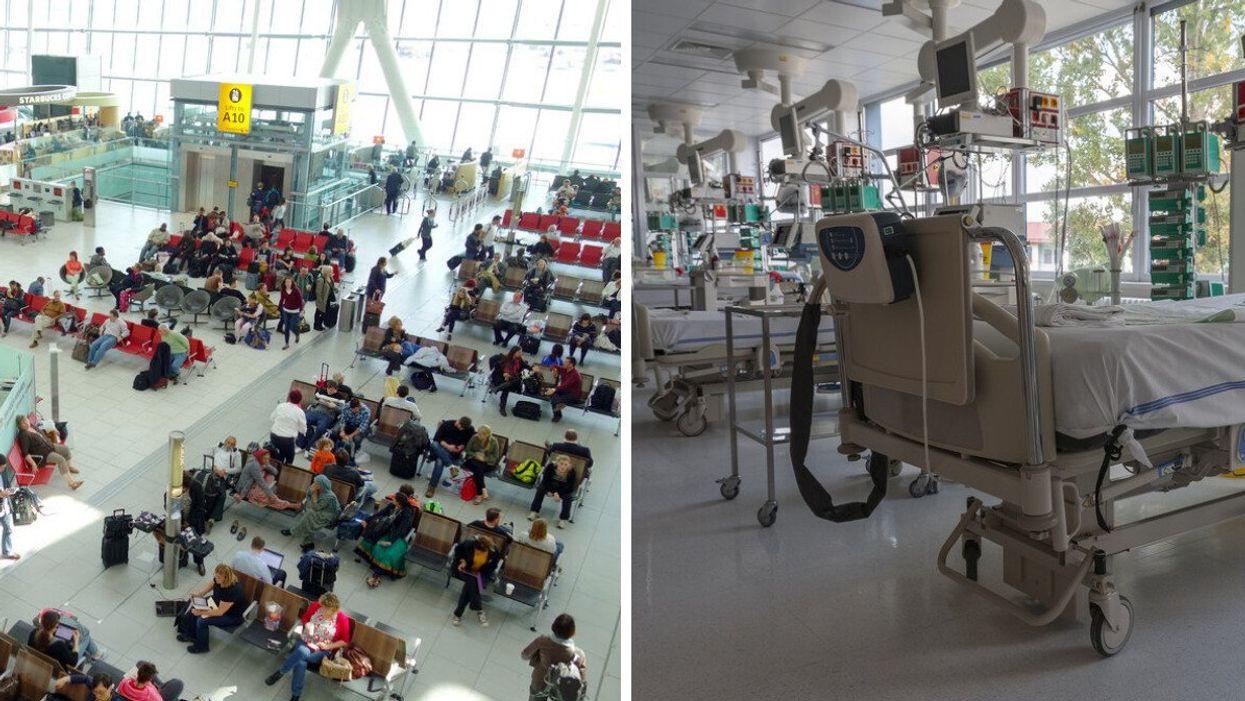 People at an airport. Right: Hospital beds.