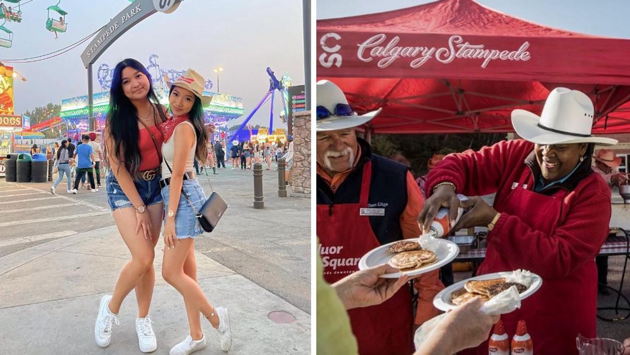 People at Calgary Stampede. Right: A Stampede Breakfast.