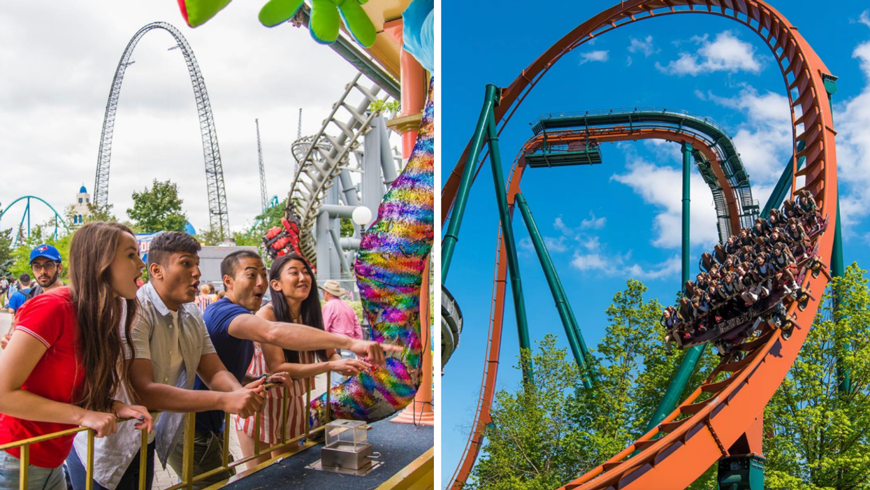 People at Canada's Wonderland. Right: Canada's Wonderland roller coaster.