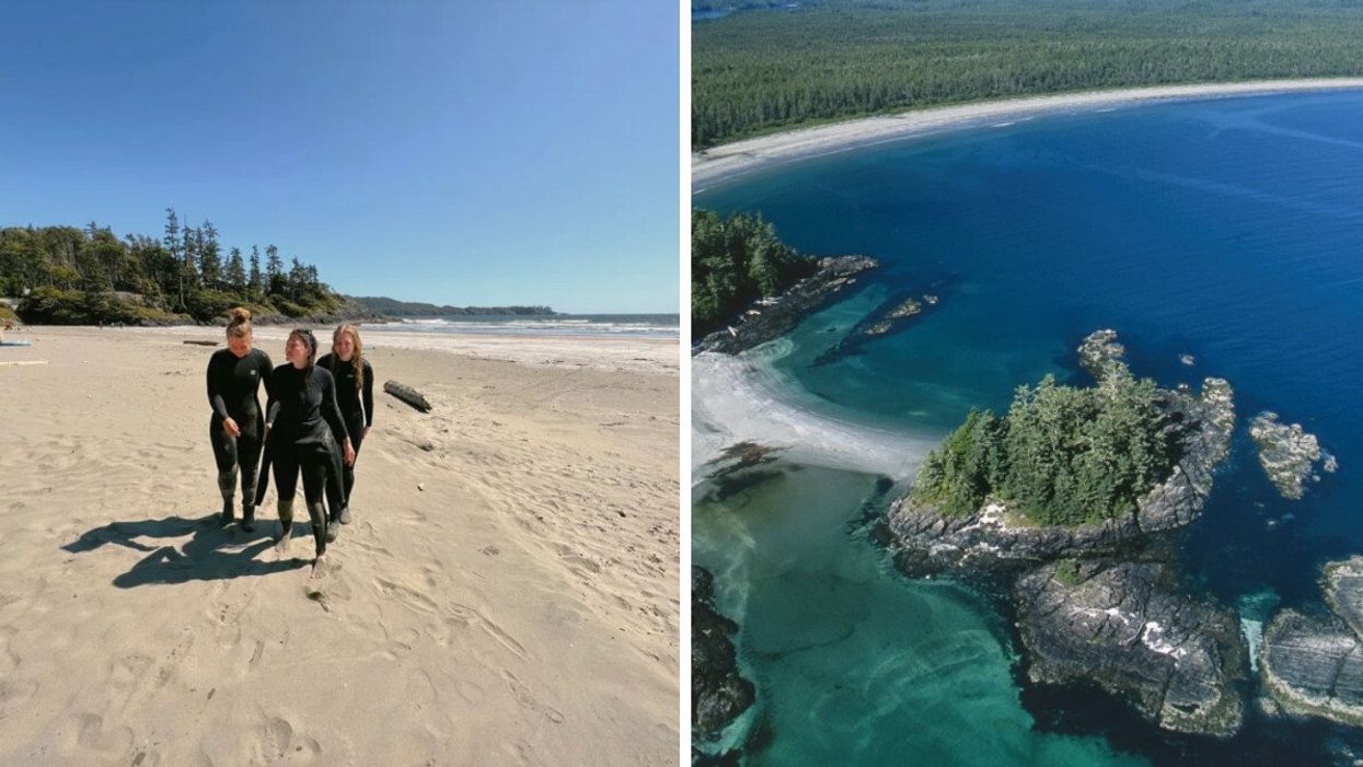 People at Chesterman Beach in Tofino. Right: Vargas Island, Tofino, B.C.