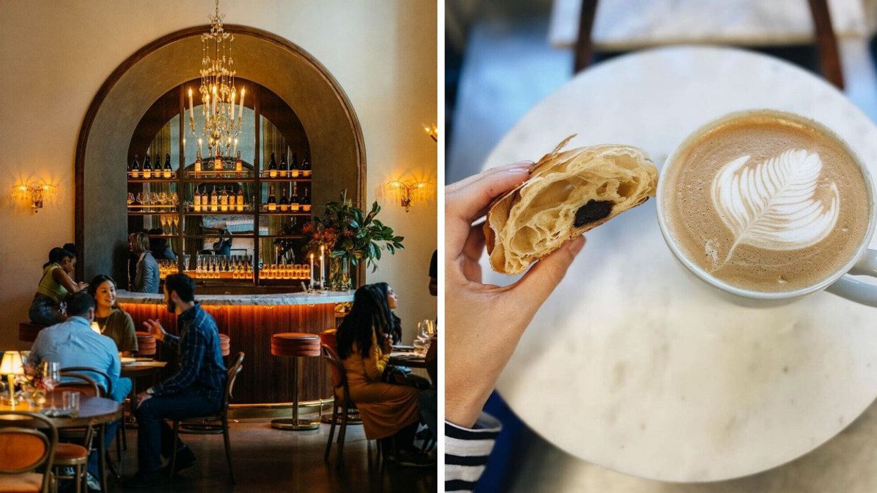People at Le Bon Nosh in Atlanta, GA. Right: A person holding a pastry next to a coffee in Douceur de France.