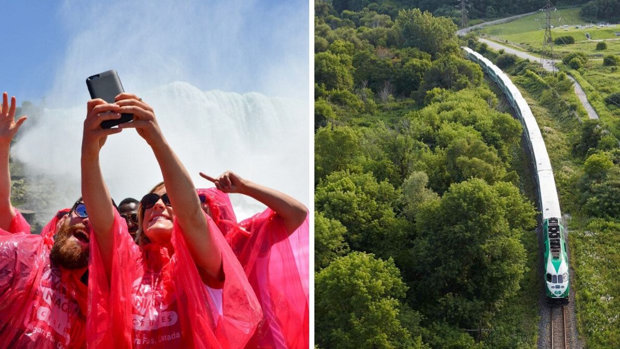 People at Niagara Falls. Right: GO Train.