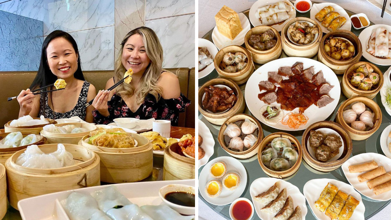 People at Rosewood Chinese Cuisine. Right: Dim Sum at Pearl Harbourfront Chinese Cuisine.