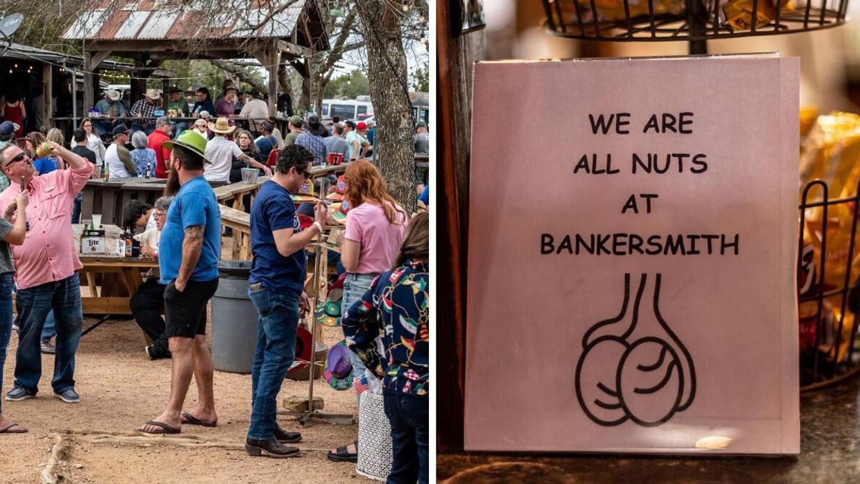 People at the 2022's Texas Testicle Festival. Right: A sign at 2022's Texas Testicle Festival.