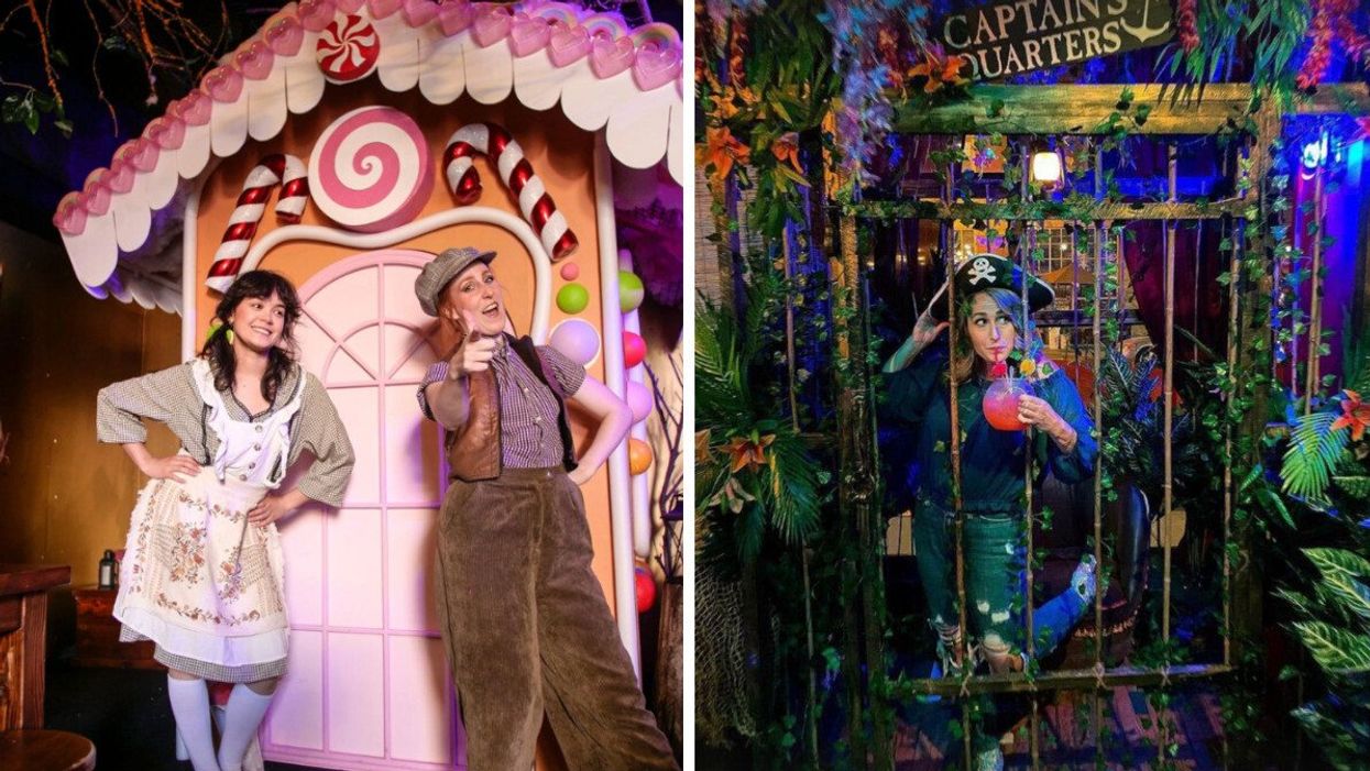 People at the Hansel and Gretel experience. Right: A person at the Neverland experience.