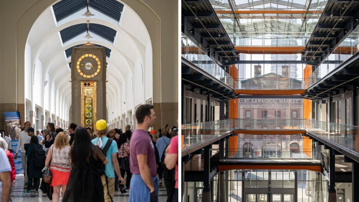 People at the R.C. Harris Water Treatment Plant. Right: Inside St. Lawrence Market North.