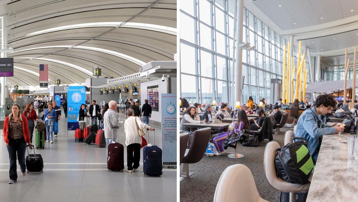 People at Toronto Pearson Airport without a mask.
