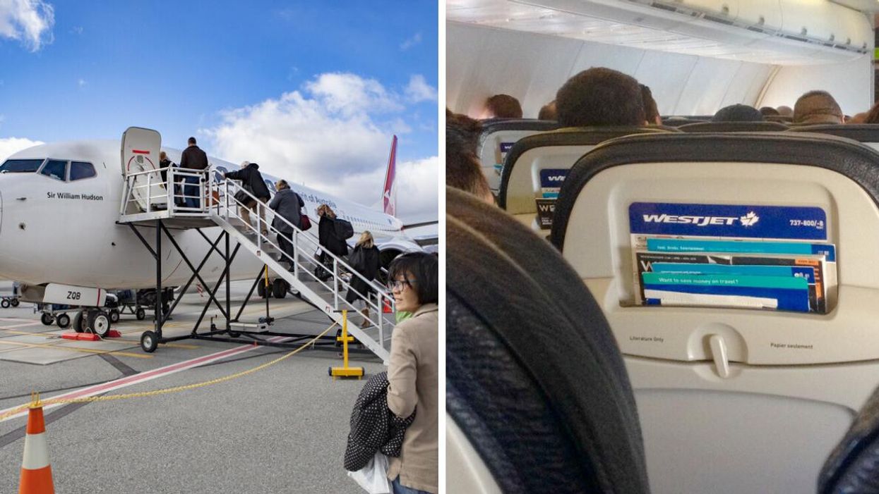 People boarding a plane. Right: The interior of a WestJet plane.