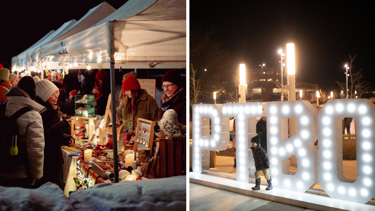 People browsing festive holiday market stalls at night under decorated tents., Right: Child walking past illuminated PTBO sign during a nighttime winter event.