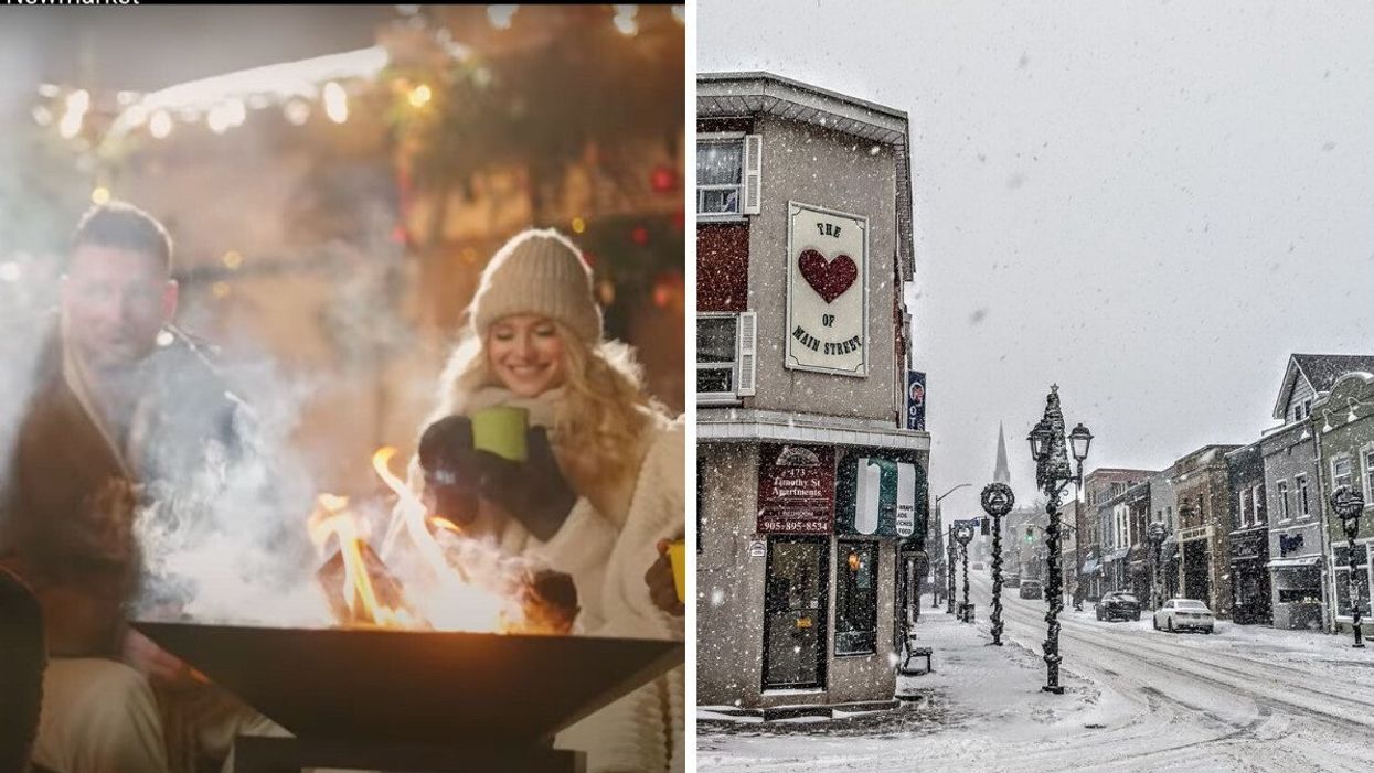 People by a fire pit. Right: Newmarket in the winter.
