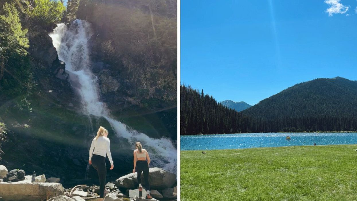 People by a waterfall. Right: A lake.