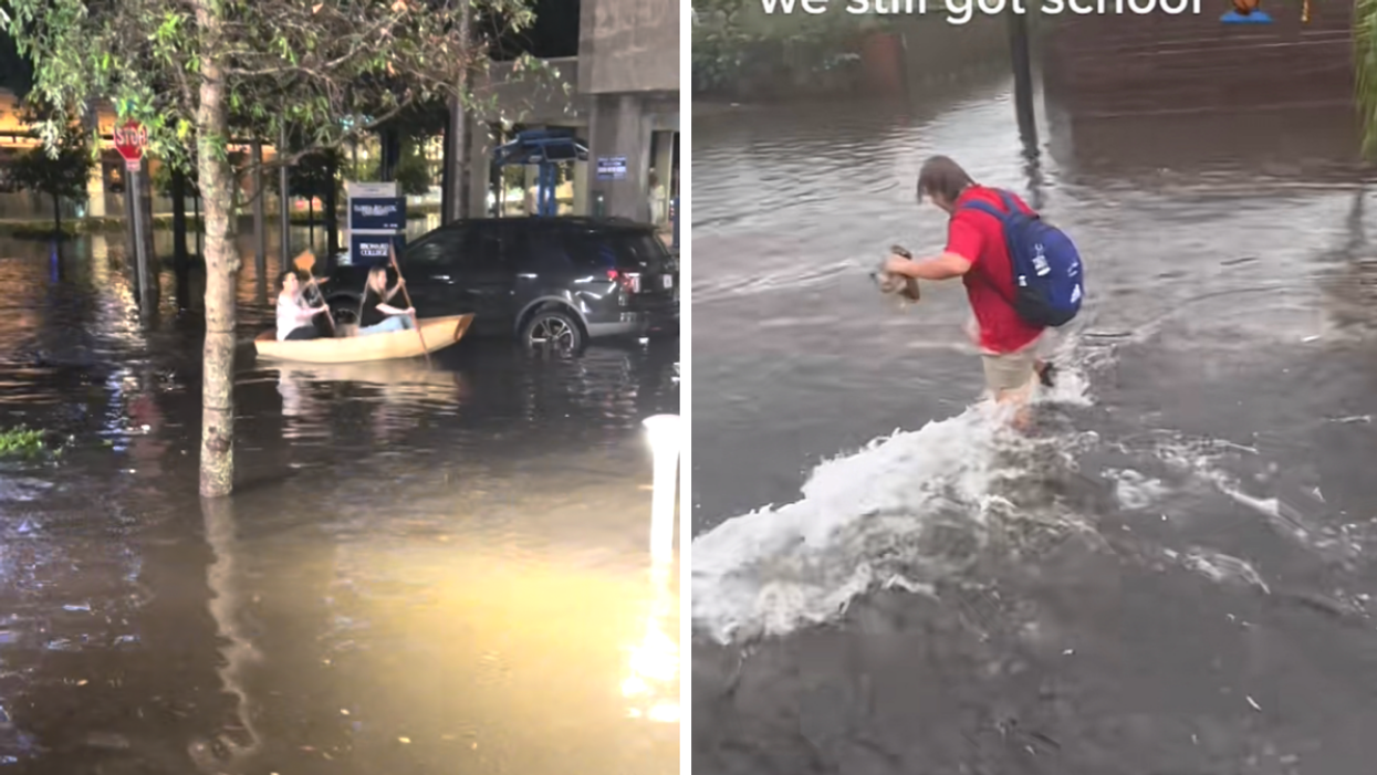 People canoeing in Fort Lauderdale. Right: A boy walking through knee-deep waters.