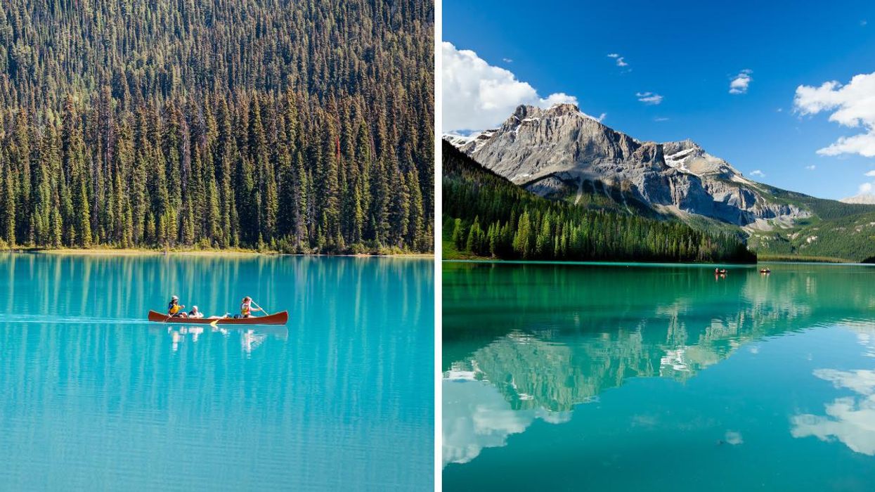 People canoeing on Emerald Lake. Right: Emerald Lake.