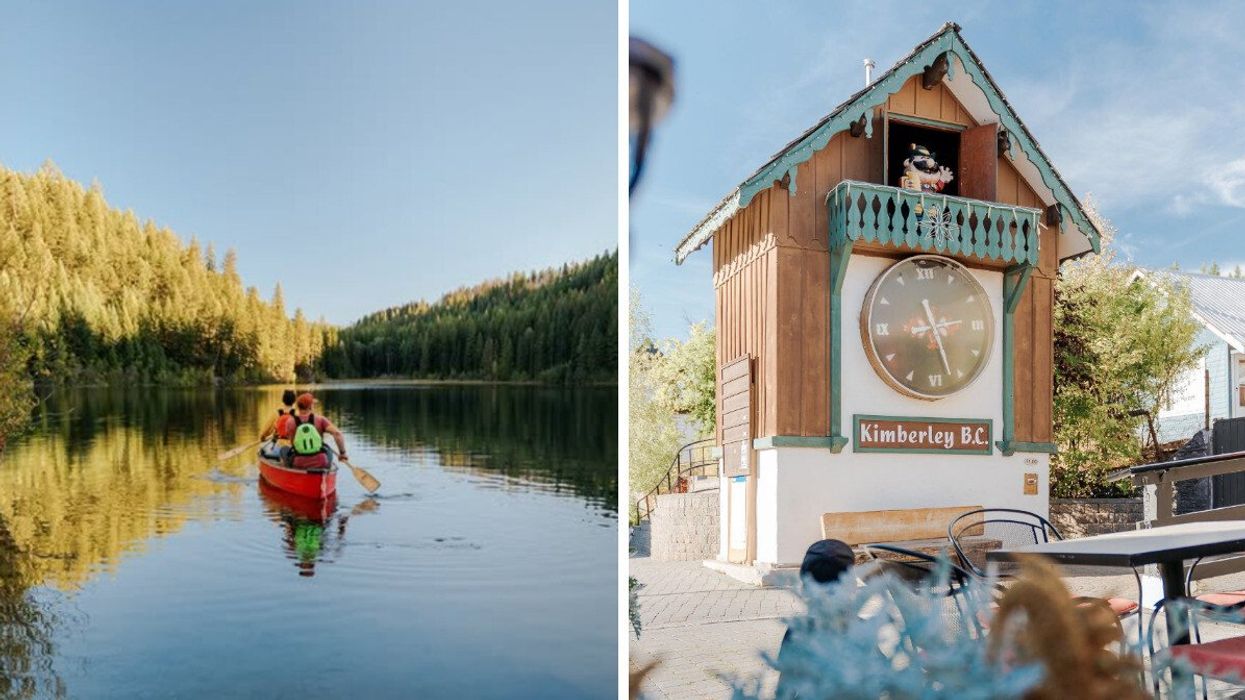 People canoeing. right: A clock.