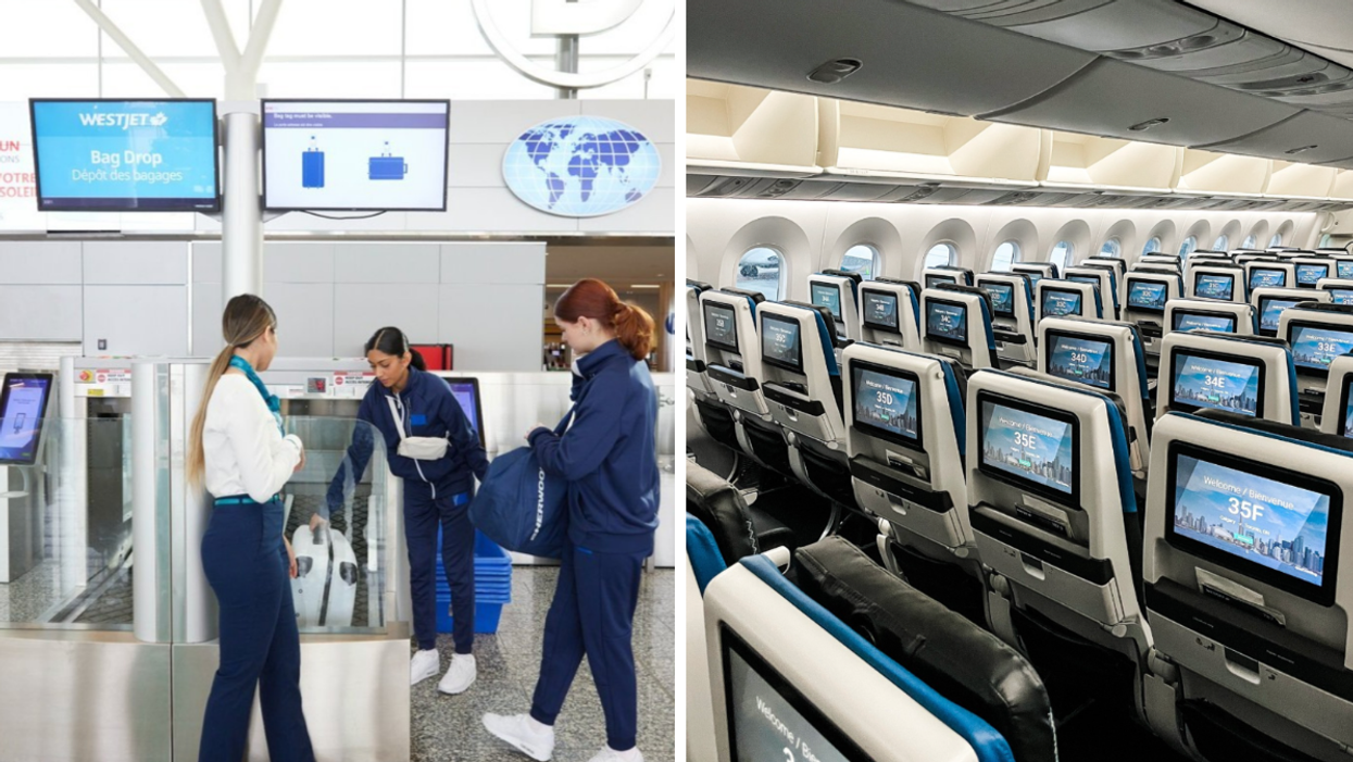 People checking in at a WestJet desk. Right: A WestJet plane