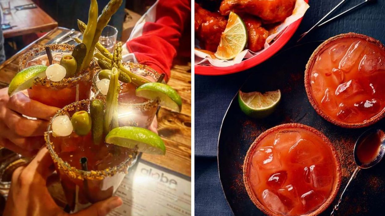 People clinking their Caesars. Right: Two Caesars that have been prepared.