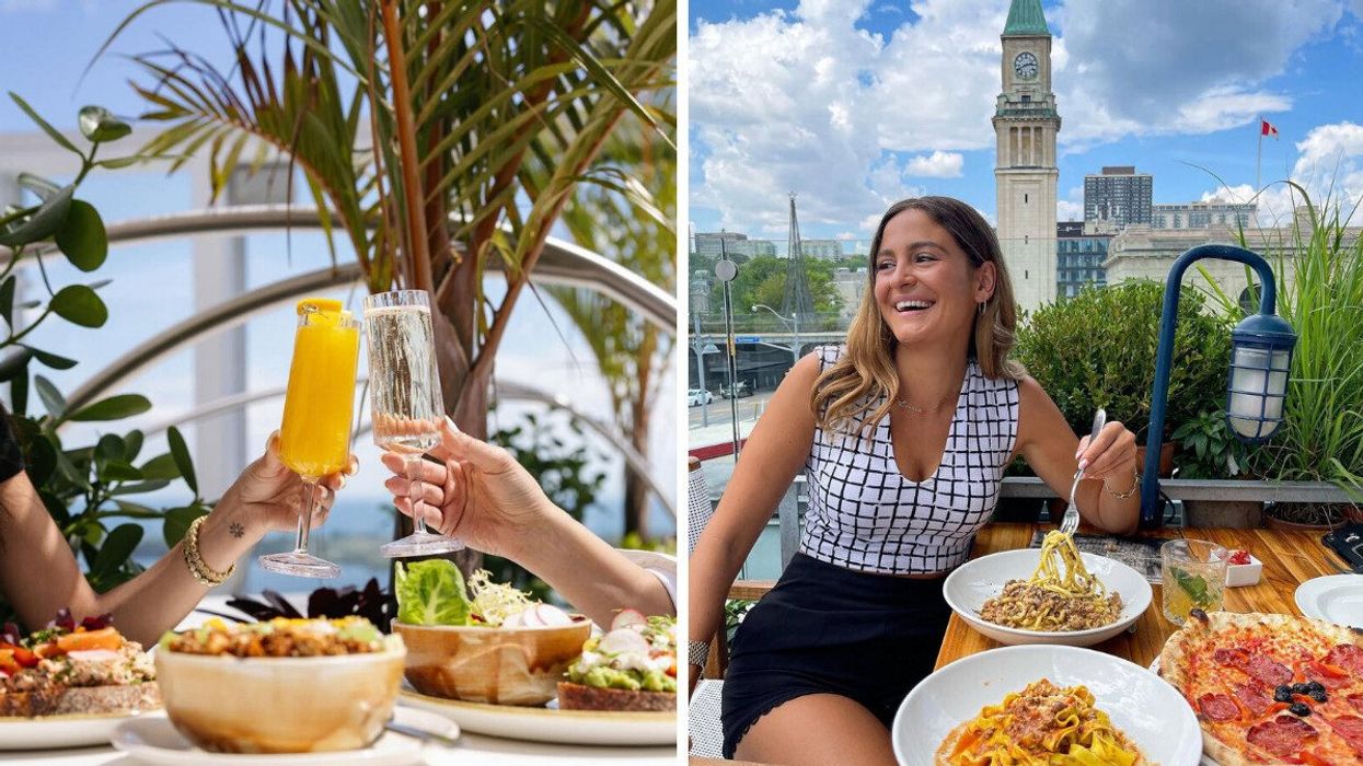 People clinking their glasses together on a patio. Right: A person sitting on a rooftop patio.